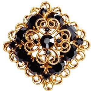 Vintage Gold Filigree Brooch Black Glass Rhinestones Scrollwork Tiered Layered